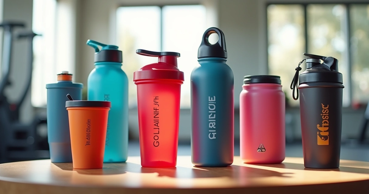 Brindes fitness personalizados expostos em uma mesa 