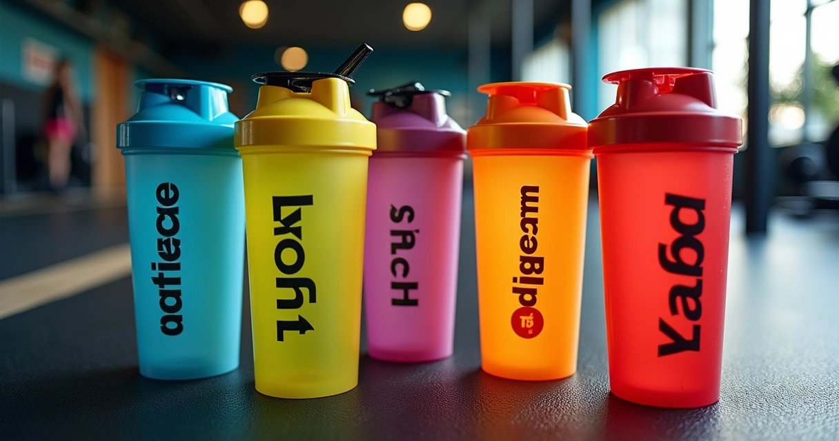 Coqueteleiras fitness coloridas e personalizadas lado a lado 