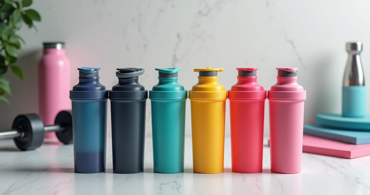 Coqueteleiras fitness personalizadas coloridas sobre mesa branca com materiais variados e acabamento detalhado 