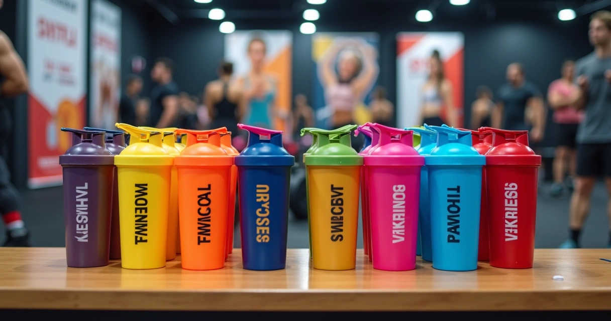 Coqueteleiras fitness personalizadas e várias unidades alinhadas em uma mesa com cenário de evento fitness ao fundo 