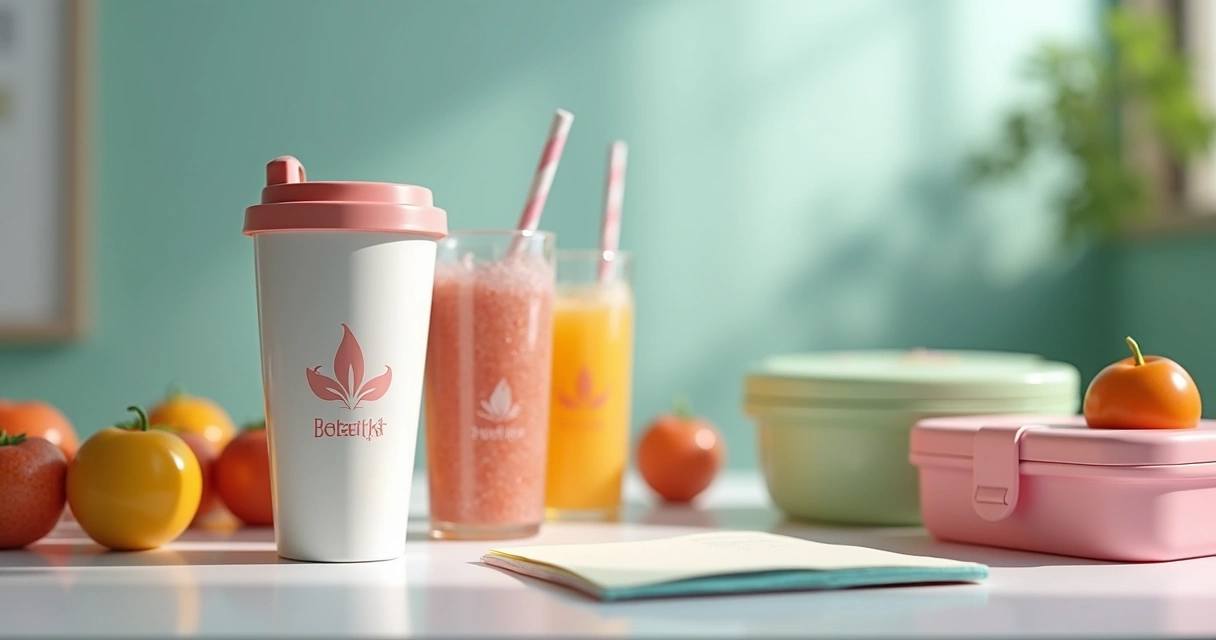 Copos térmicos e marmitas personalizados sobre uma mesa de consultório de nutrição 