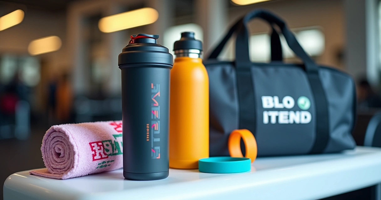 Brindes fitness personalizados com logotipo em fundo neutro 