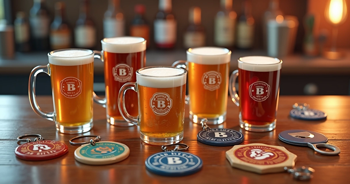 Brindes personalizados como copos e chaveiros com logo do bar 