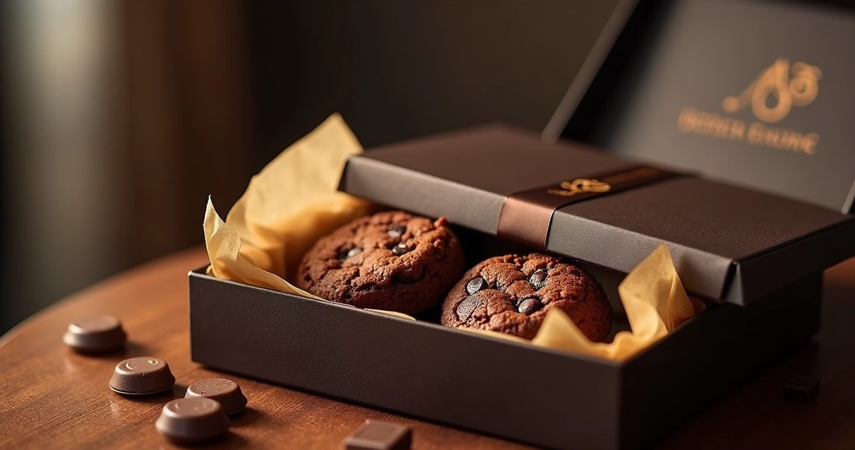 Caixa premium de brindes personalizados com brownies e cookies artesanais em embalagem sofisticada 