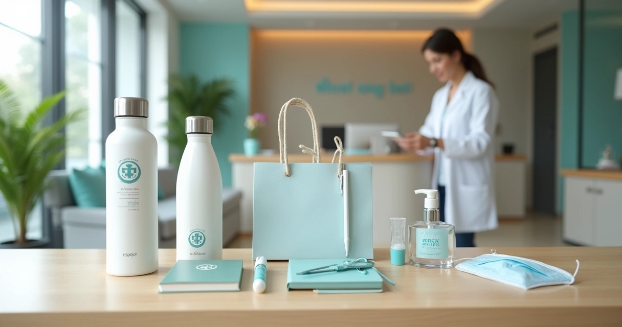 Kit de brindes personalizados sobre mesa em clínica médica moderna 