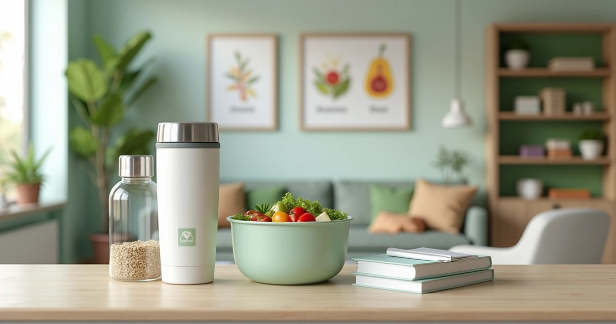 Kit de brindes personalizados de nutrição com squeeze, copo térmico, marmita e bloco de notas sobre mesa de consultório 