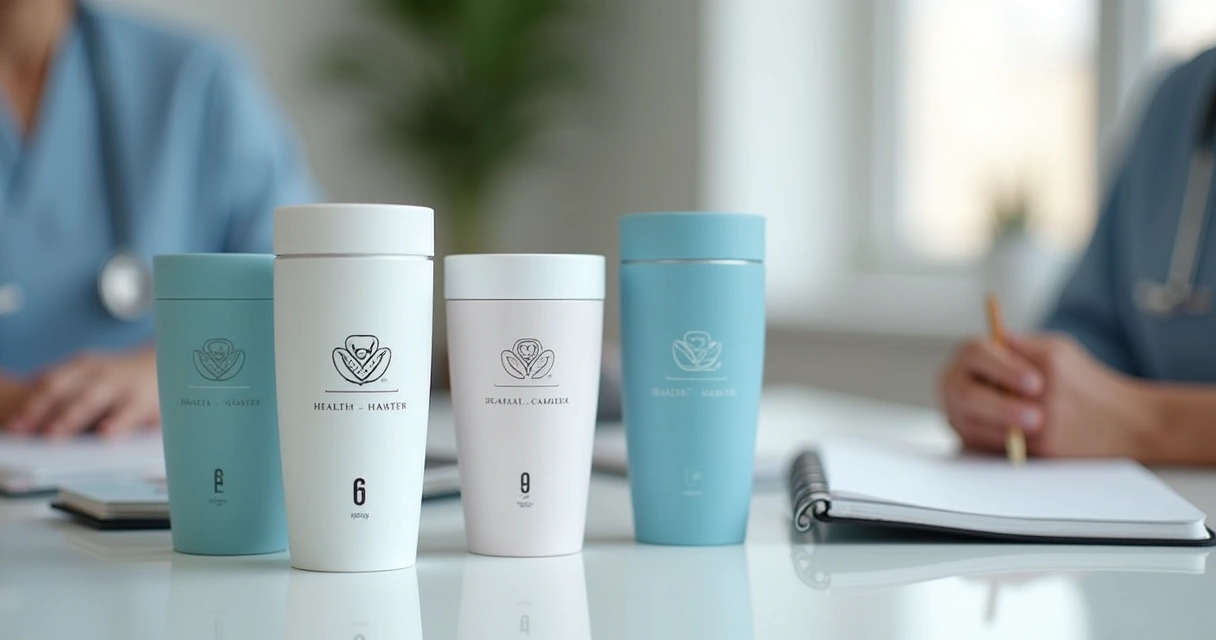 Brindes personalizados sobre uma mesa de consultório, com fundo branco.