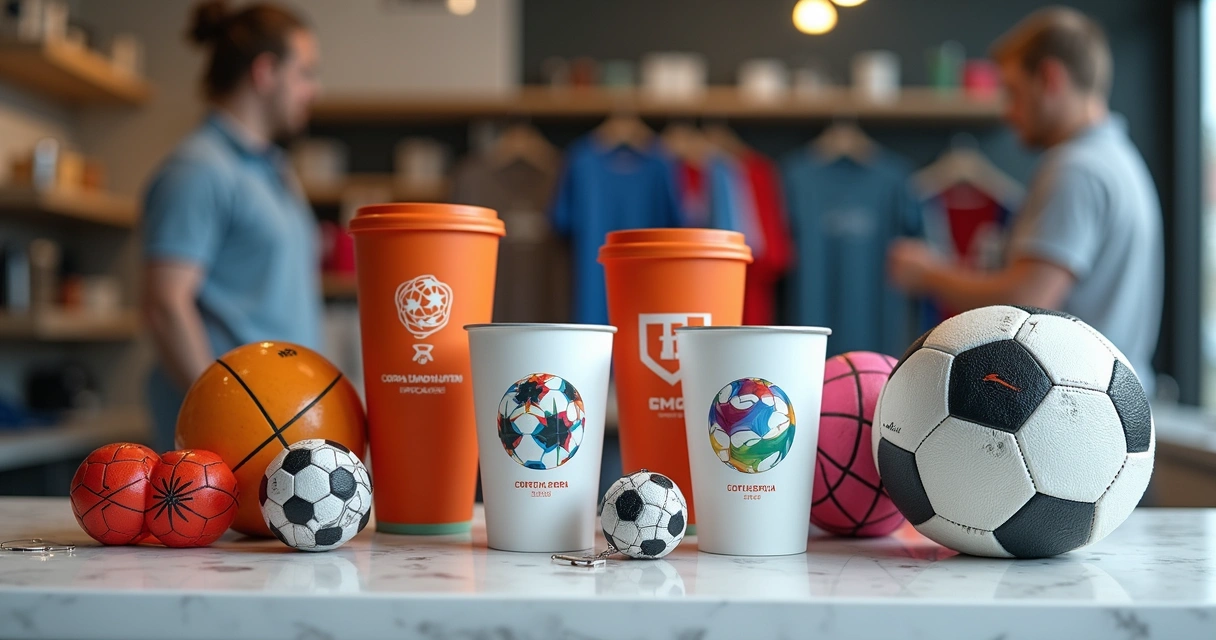 Brindes personalizados para Copa 2026 organizados em display 