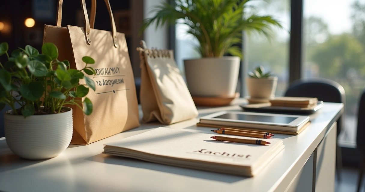 Brindes ecológicos personalizados exibidos em mesa de estande de feira 