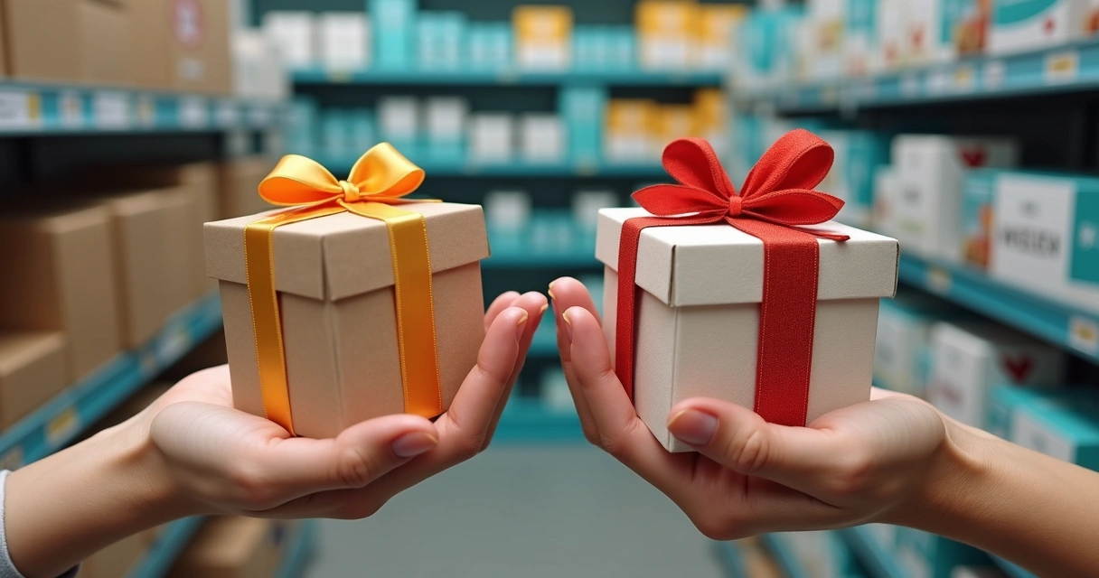 Duas mãos seguram brindes promocionais personalizados: à esquerda, brindes simples e rápidos; à direita, brindes com acabamento premium detalhado, com destaque para cores vibrantes e textura fina. Fun
