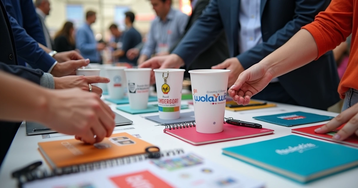 Mesa com vários brindes personalizados em um evento