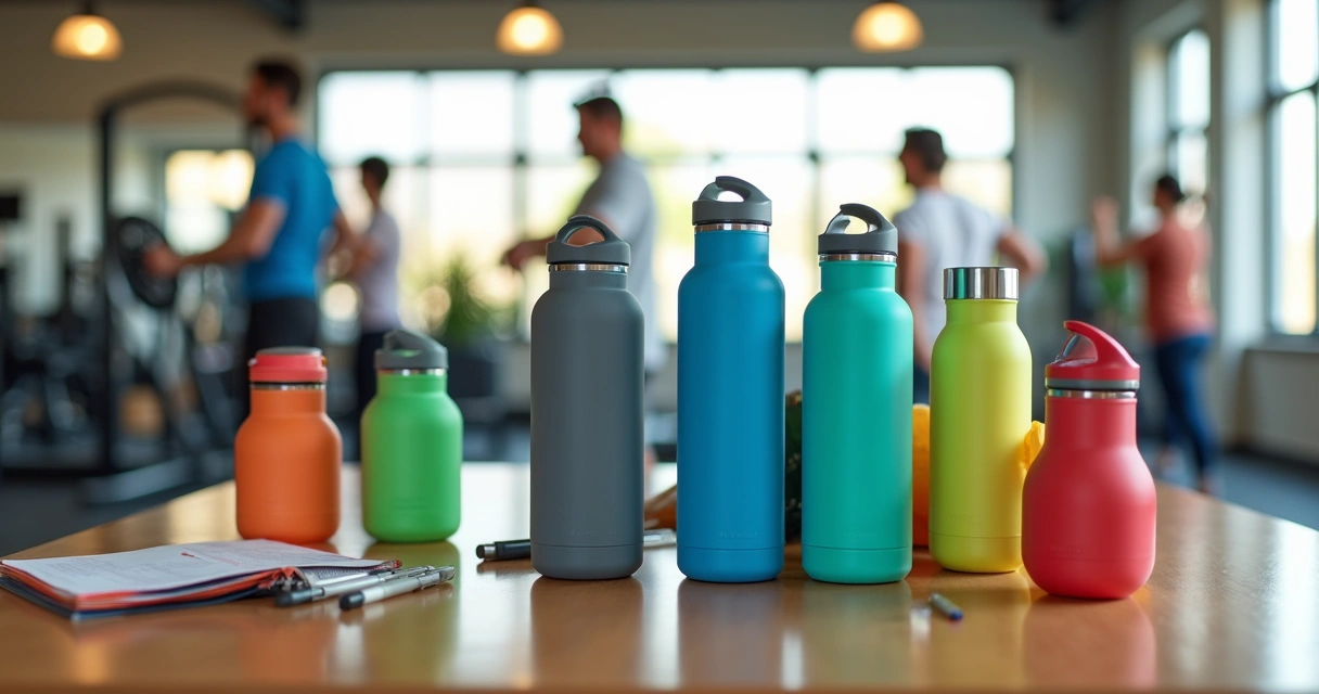 Porta-suprimentos fitness personalizados em uma mesa com coqueteleiras e garrafas térmicas coloridas 
