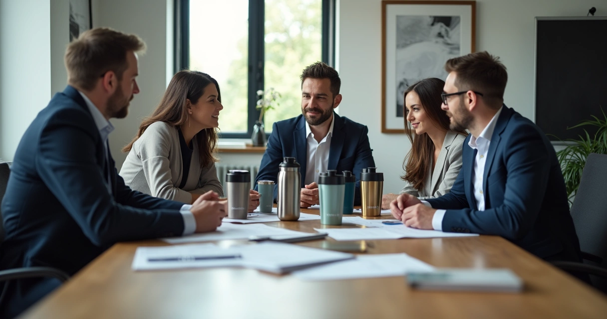 Equipe analisando brindes personalizados em uma mesa de escritório 