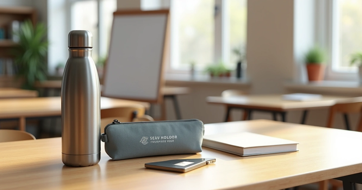 Mesa com brindes personalizados úteis para professores organizados de forma elegante 