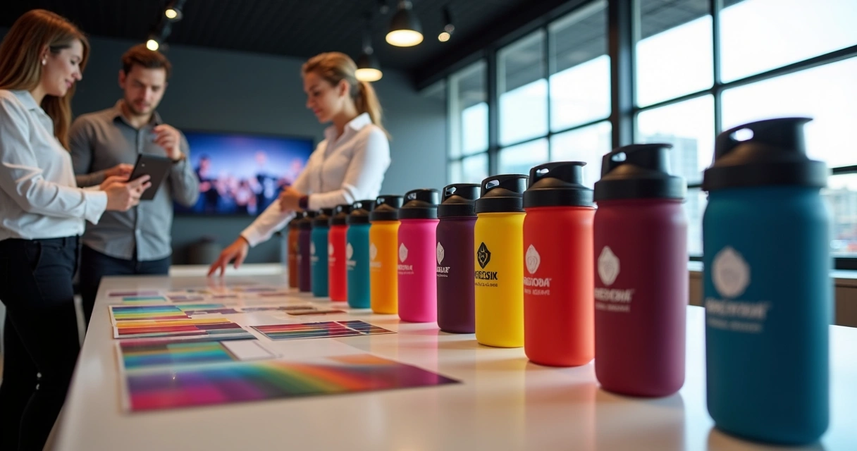 Coqueteleiras e garrafas térmicas personalizadas expostas para rede de franquias, ambiente moderno