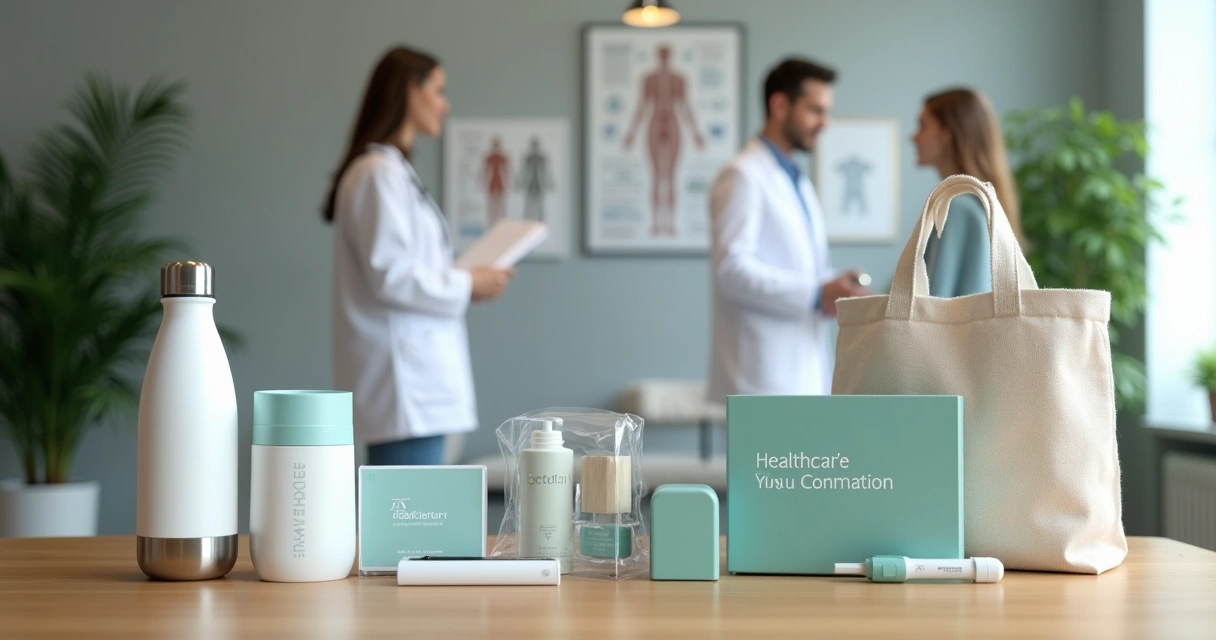 Mesa com brindes personalizados de saúde como squeezes, canetas, kits de higiene e itens tecnológicos com logotipos de clínicas 