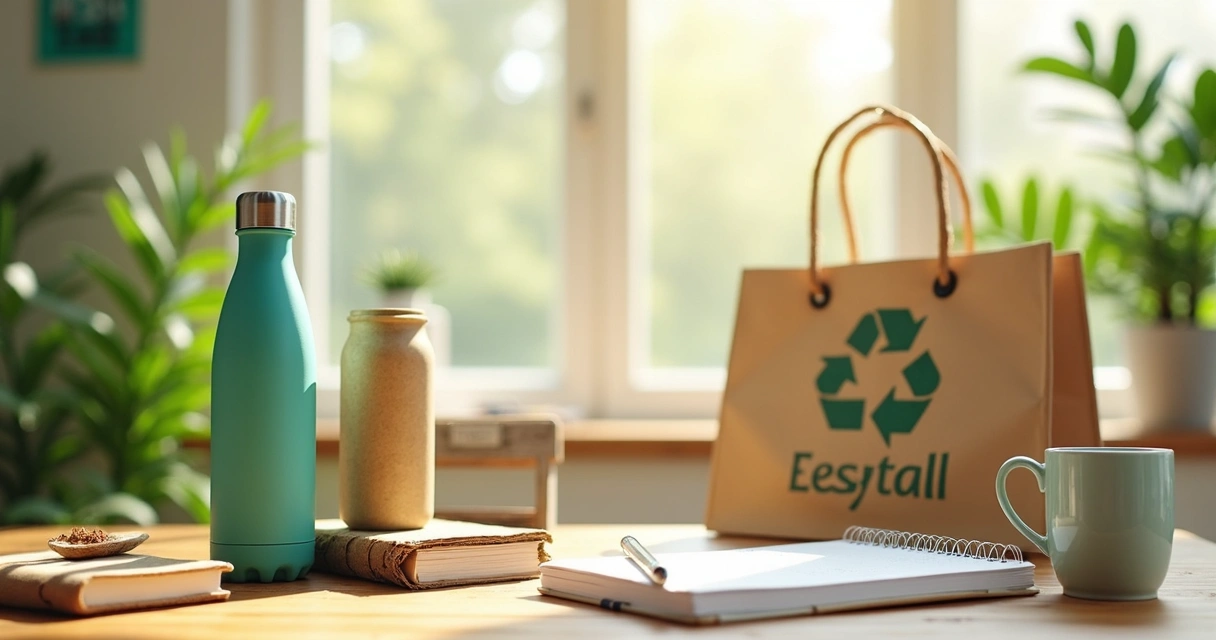 Vários brindes personalizados eco-friendly em mesa de escritório 