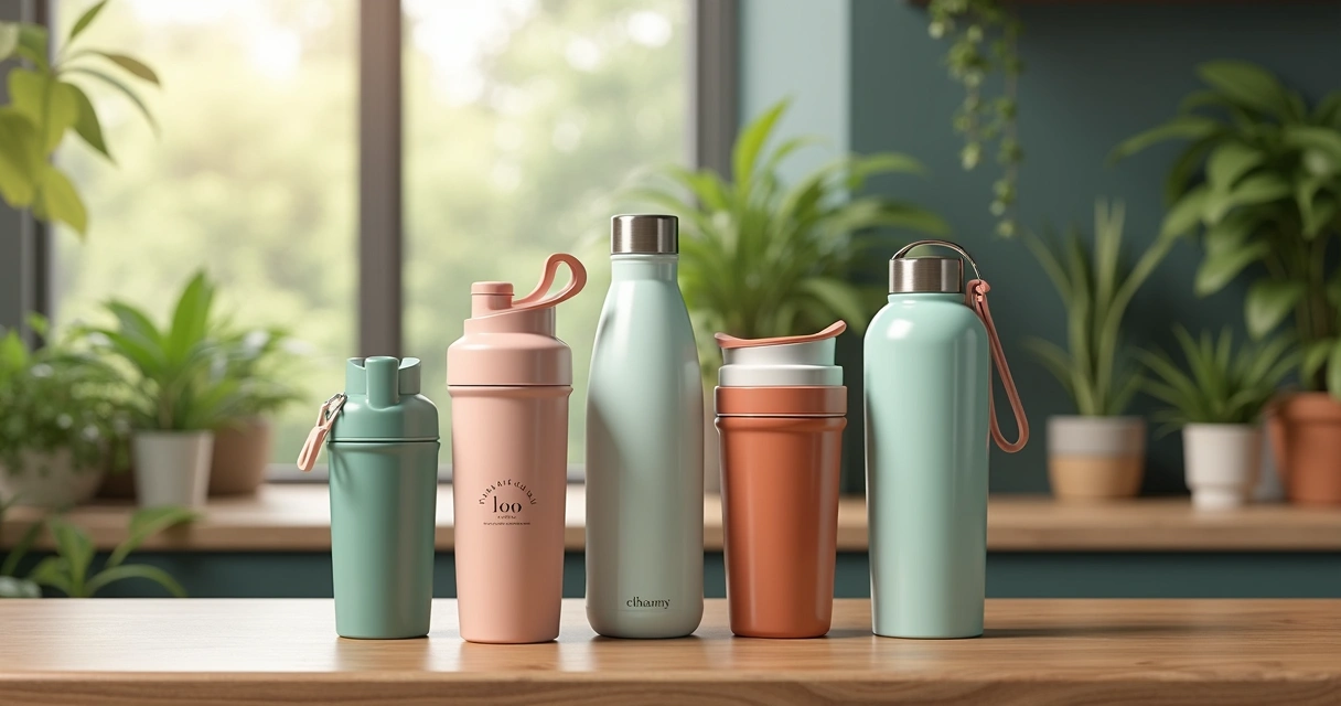 Brindes ecológicos exibidos em uma bancada de madeira 