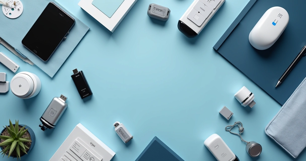 Brindes eletrônicos e materiais promocionais sobre mesa 