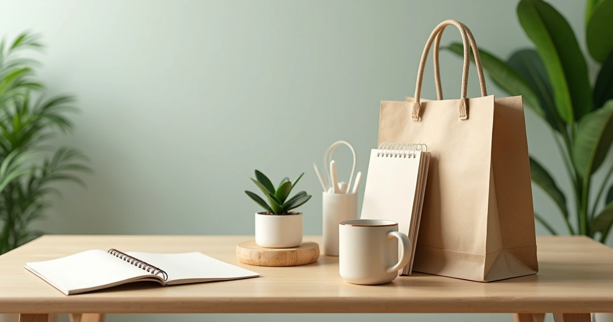 Kit de brindes sustentáveis com itens recicláveis em mesa de escritório 