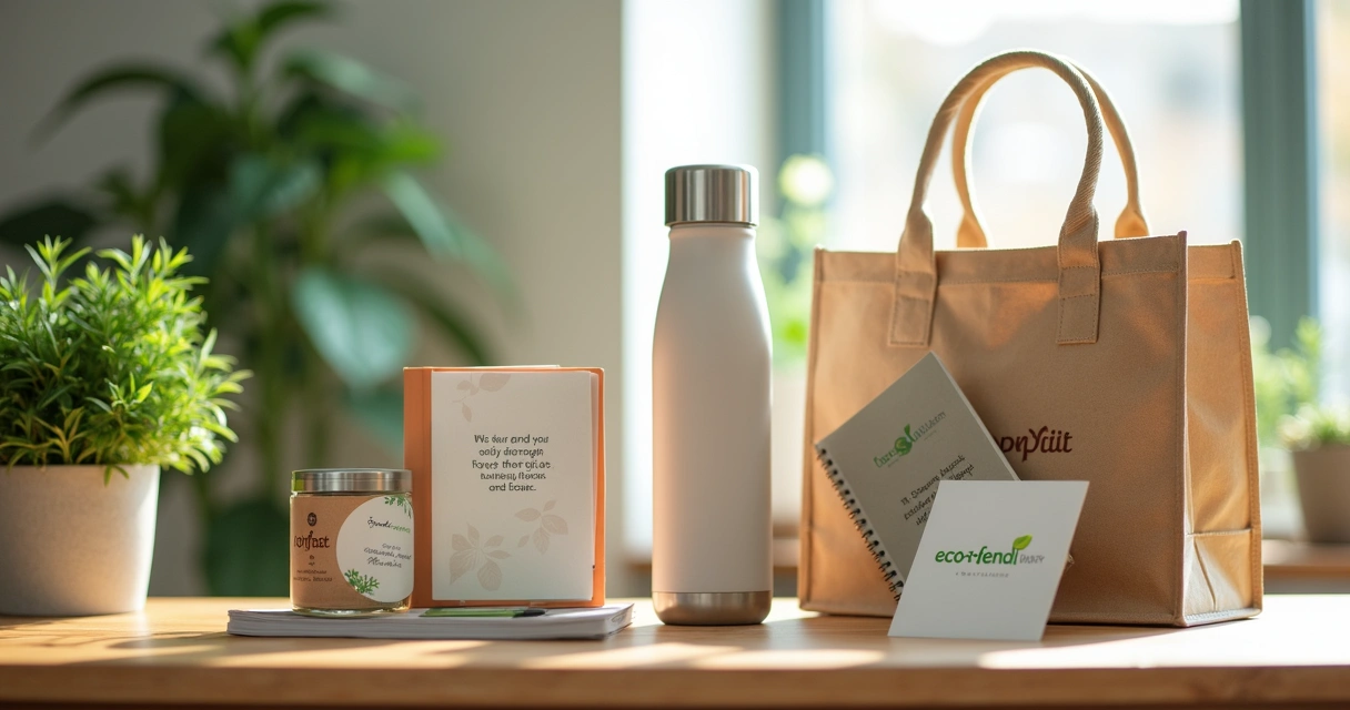 Brindes personalizados ecológicos alinhados em mesa de escritório 