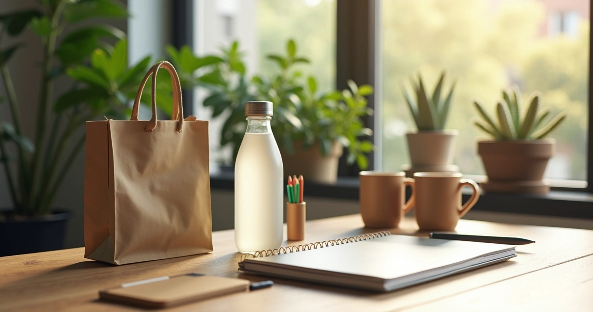 Brindes sustentáveis distribuídos em uma mesa de escritório 