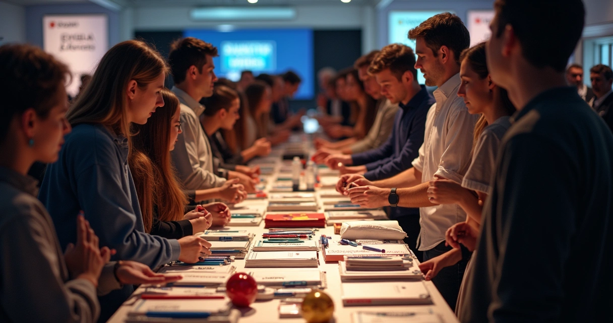 Mesa de evento preenchida com brindes tradicionais, como canetas, blocos de anotações e sacolas 