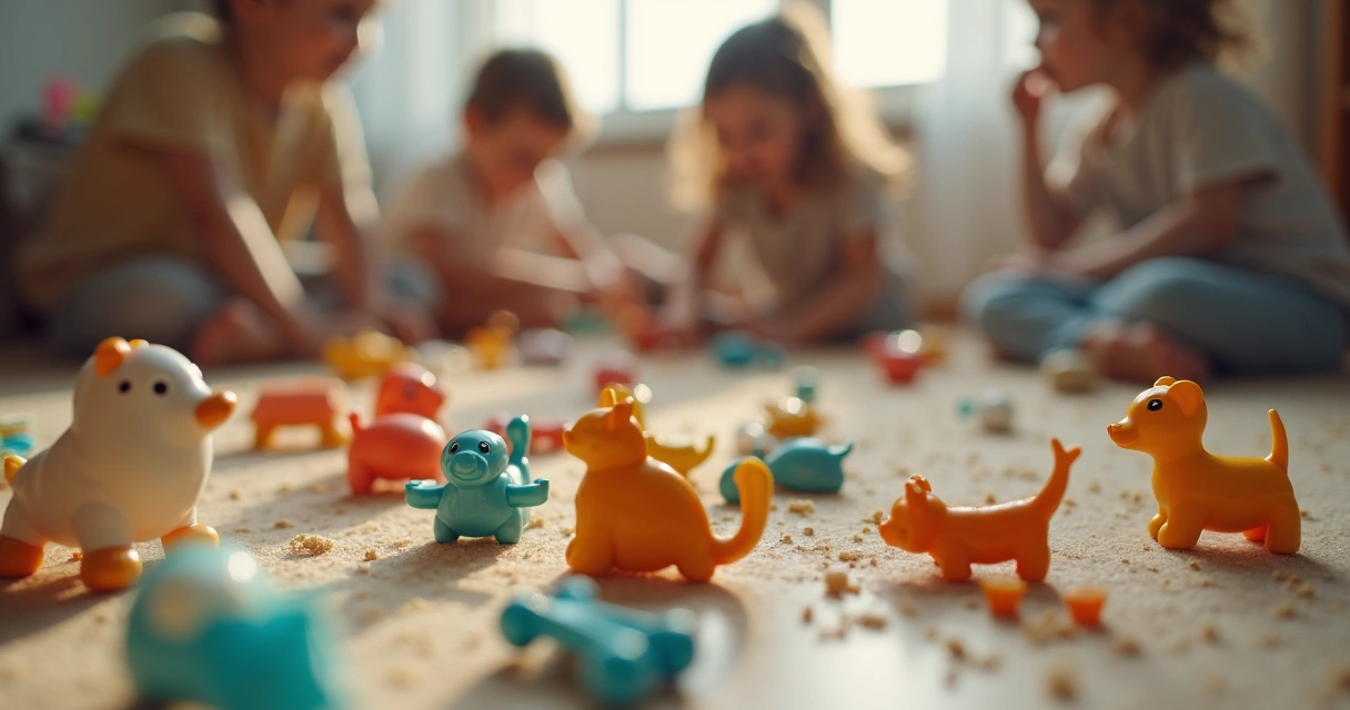 Brinquedos pequenos espalhados pelo chão da sala 