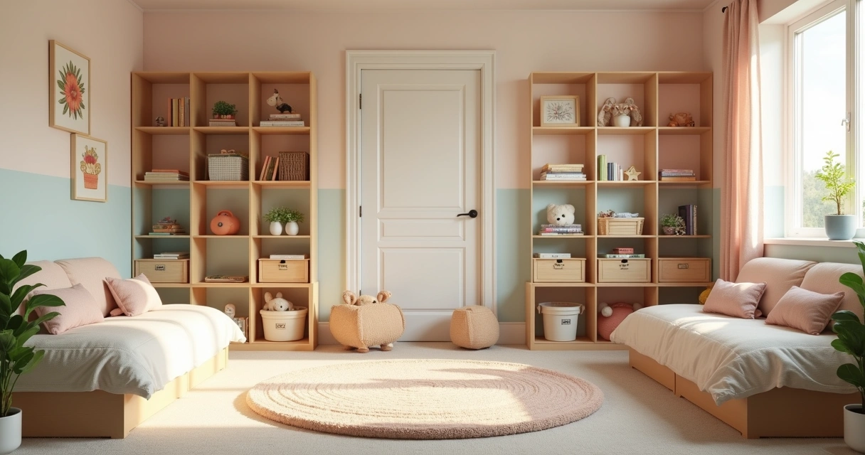 Quarto infantil com brinquedos organizados em dois espaços