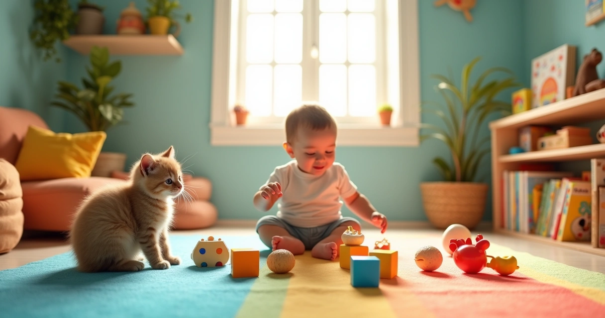 Cena colorida de um bebê brincando com brinquedos educativos em um ambiente iluminado e alegre.