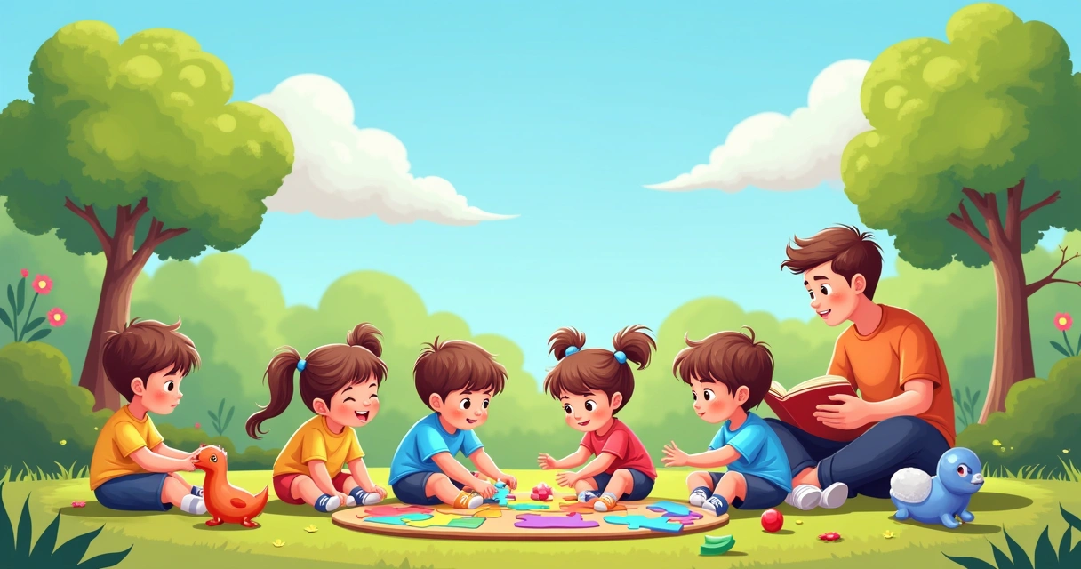 Crianças brincando em um parque com brinquedos educativos, interagindo com puzzles e livros.