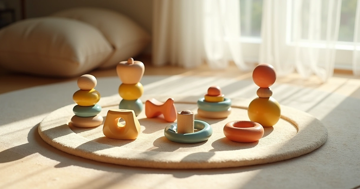 Brinquedos educativos e sensoriais em um tapete de bebê 