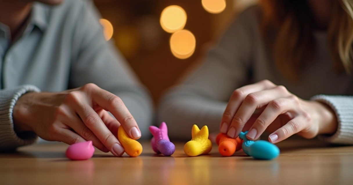 Brinquedos sexuais sobre uma mesa entre as mãos de dois parceiros 