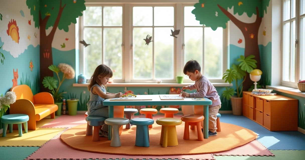 Brinquedoteca colorida com mesa interativa e murais inspiradores, destinada ao estímulo da criatividade infantil.