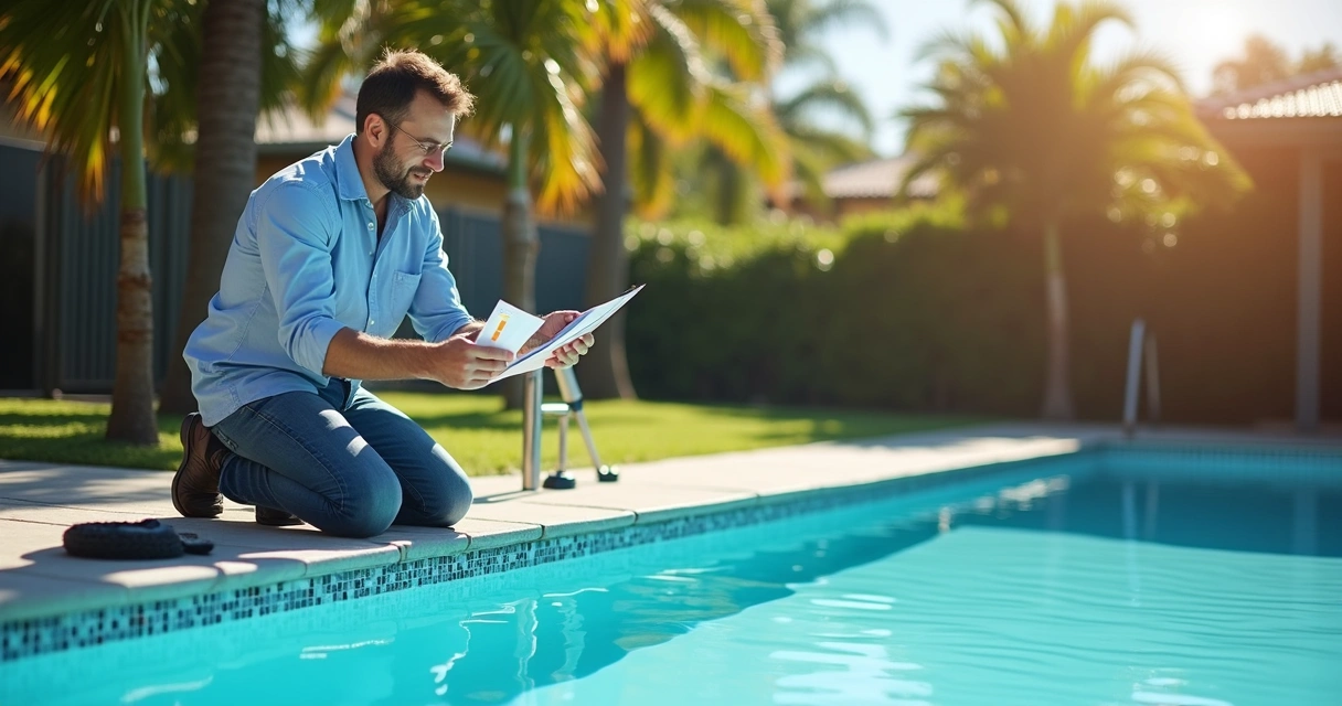 Brisbane homeowner testing water of a backyard pool 
