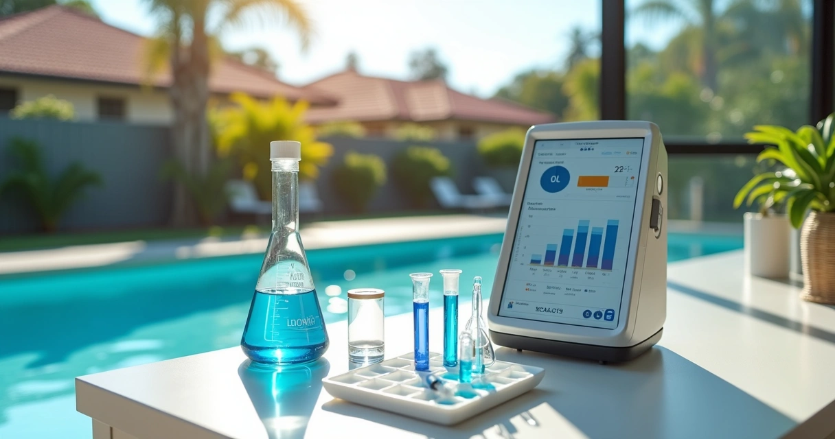 Brisbane city pool water sample beside digital testing equipment on lab bench 
