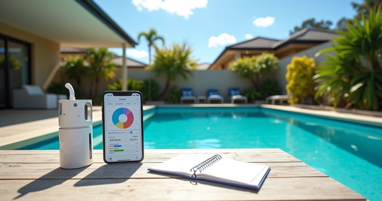 Modern Brisbane backyard pool with smartphone pool care app on table 