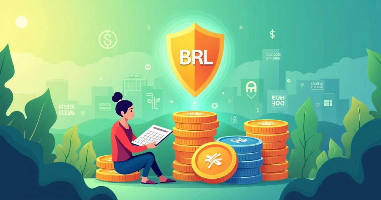 Illustration showing benefits of paying in BRL, with a calculator, coins, and digital cityscape.