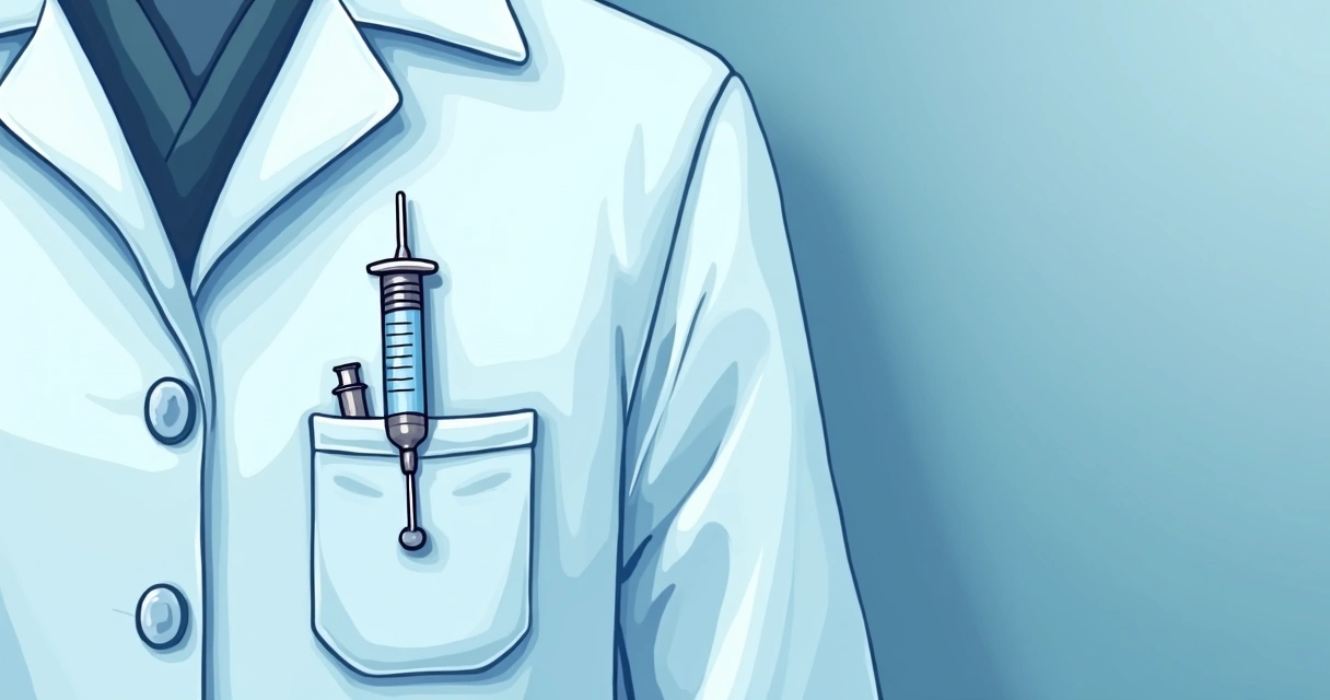 Broche em formato de seringa sobre jaleco azul claro com detalhes de anestesia 