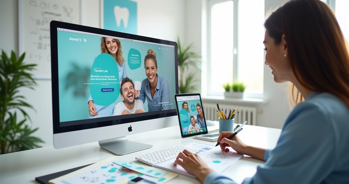 Designer cria brochura digital odontológica em computador com visual moderno 