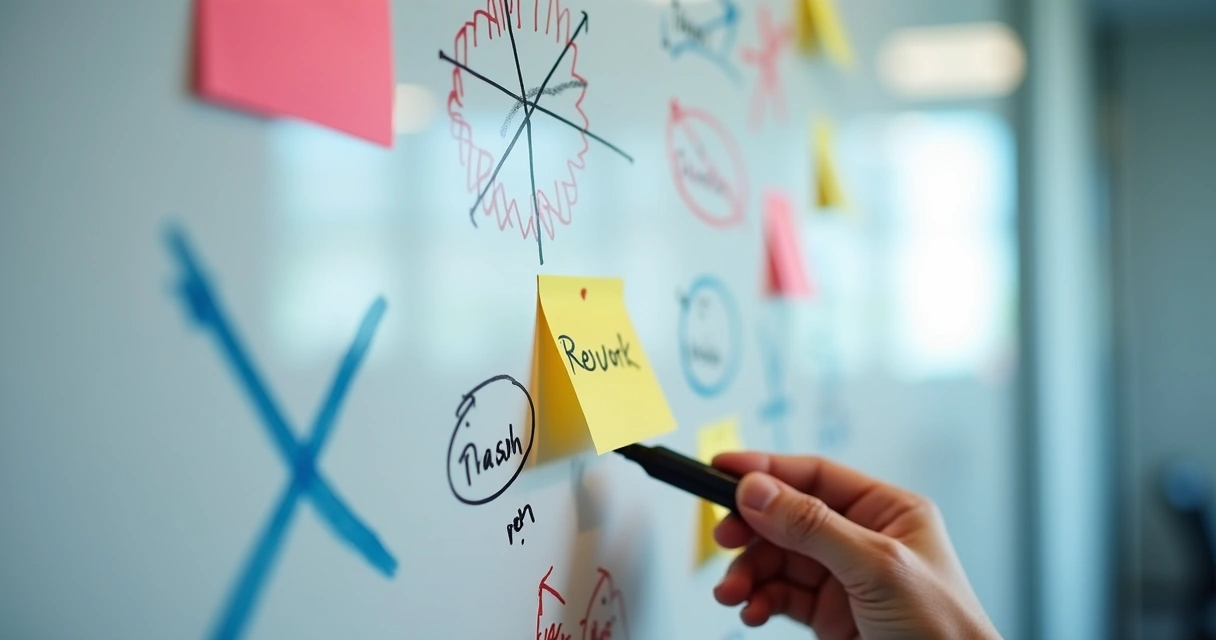 Whiteboard with crossing arrows, sticky notes, and erased plans in a meeting room 