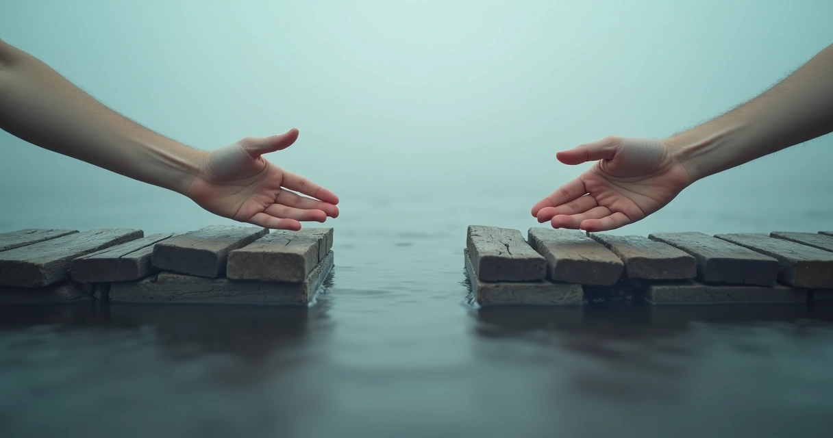 Two hands reaching toward each other over a broken wooden bridge 