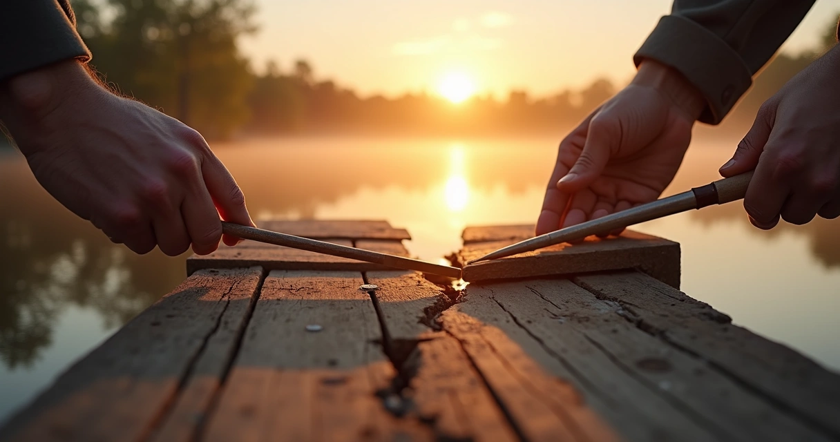 Hands repairing a broken wooden bridge over calm water at sunrise 