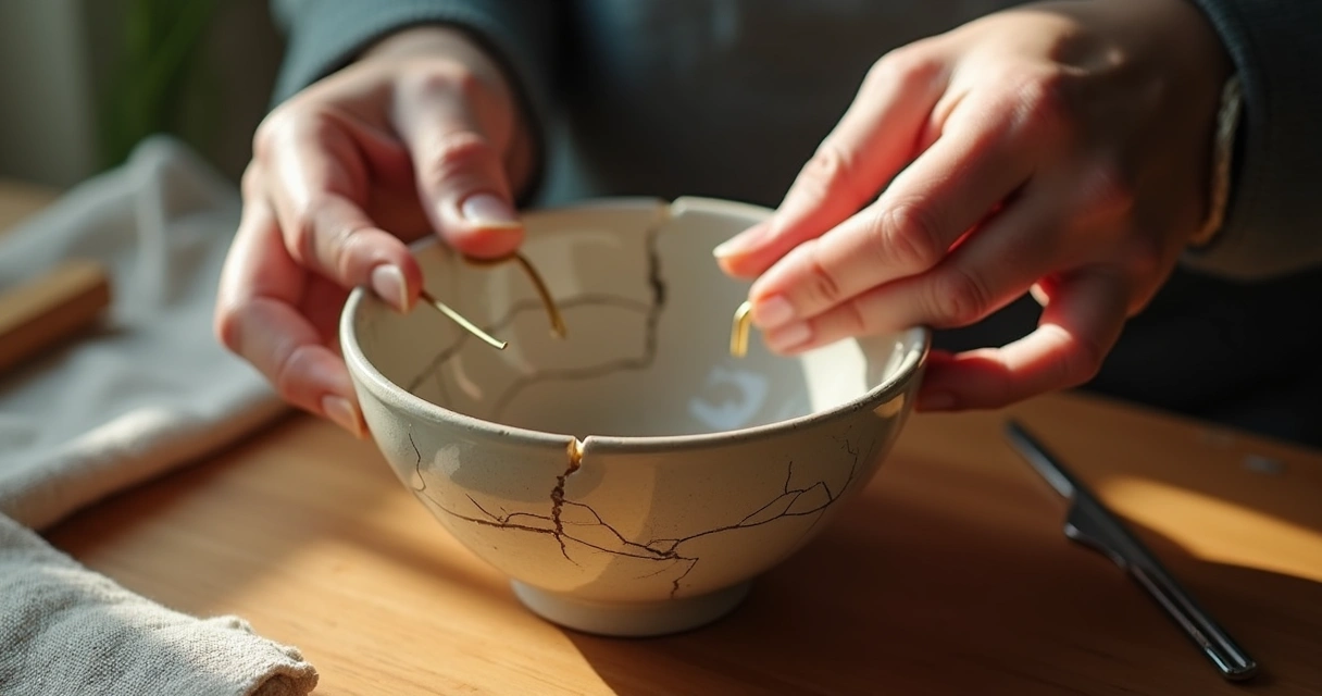 Hands carefully repairing a cracked ceramic bowl with gold lines