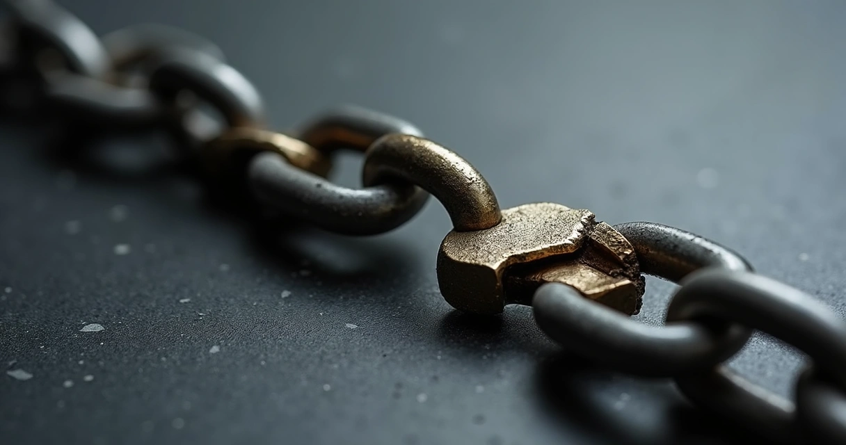 Broken chain link repaired with gold seam on dark surface