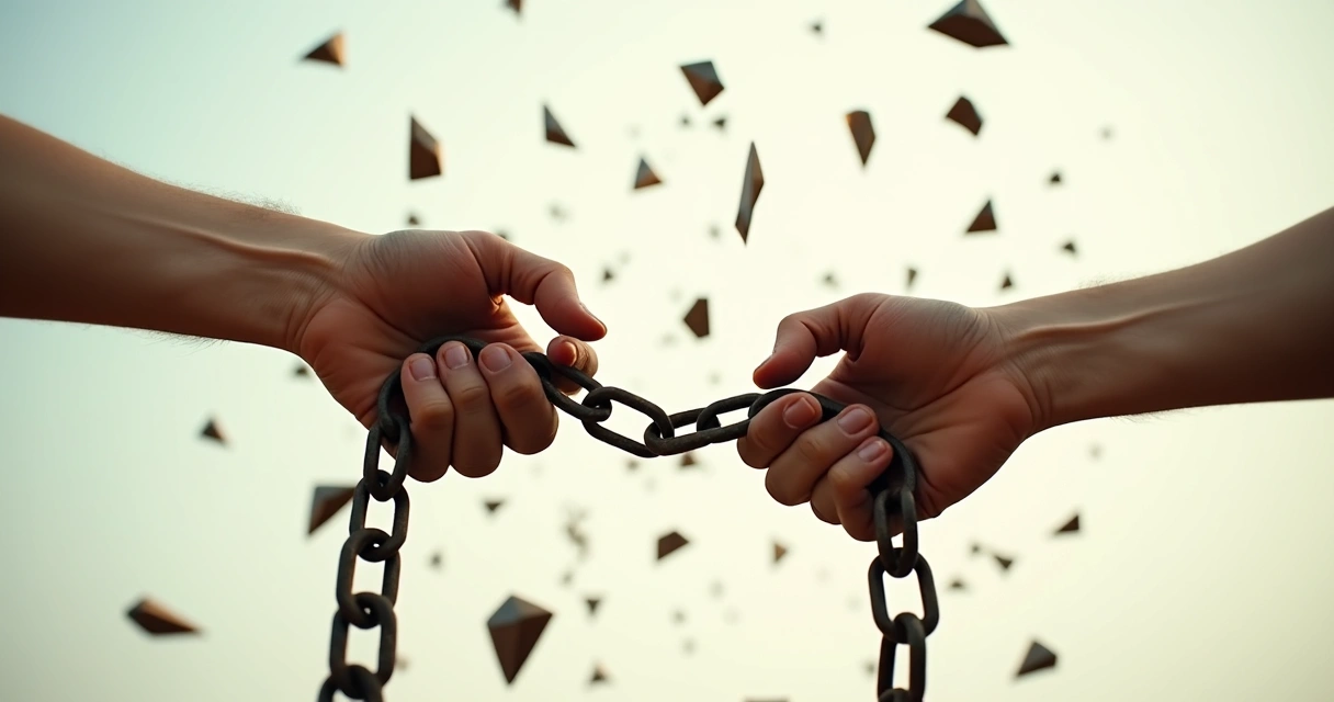 Close-up of hands breaking free from metal chains 