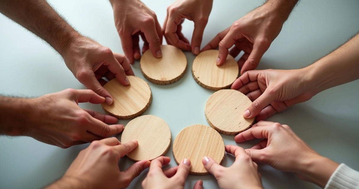 Hands rebuilding a circle with wooden pieces