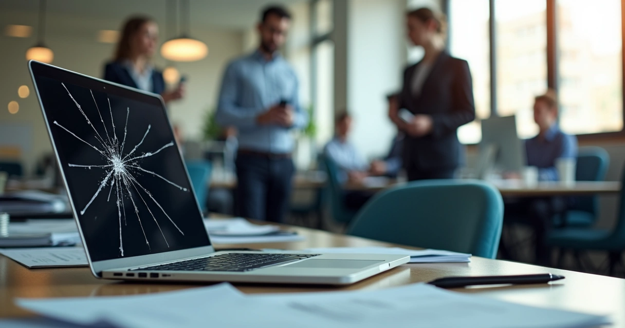 Shattered laptop on office desk with papers 