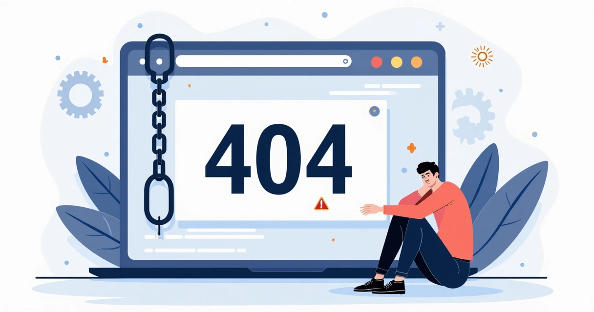 Illustration of a website showing a 404 error with broken chains and a frustrated user 
