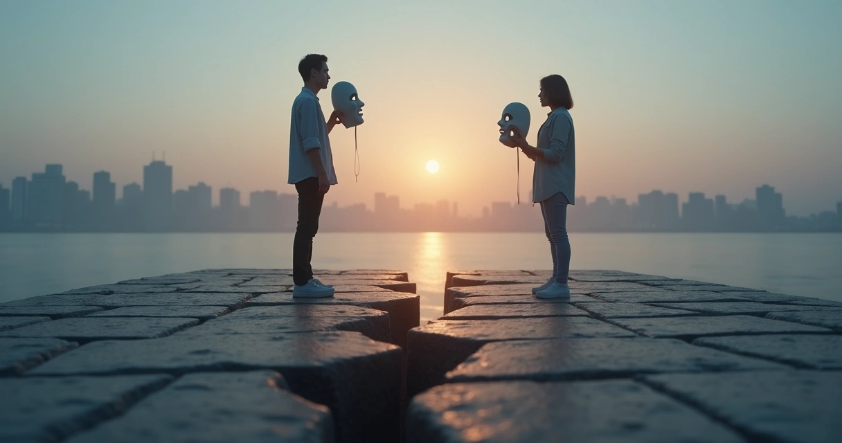Two people dropping theatrical masks on a broken bridge at dusk 